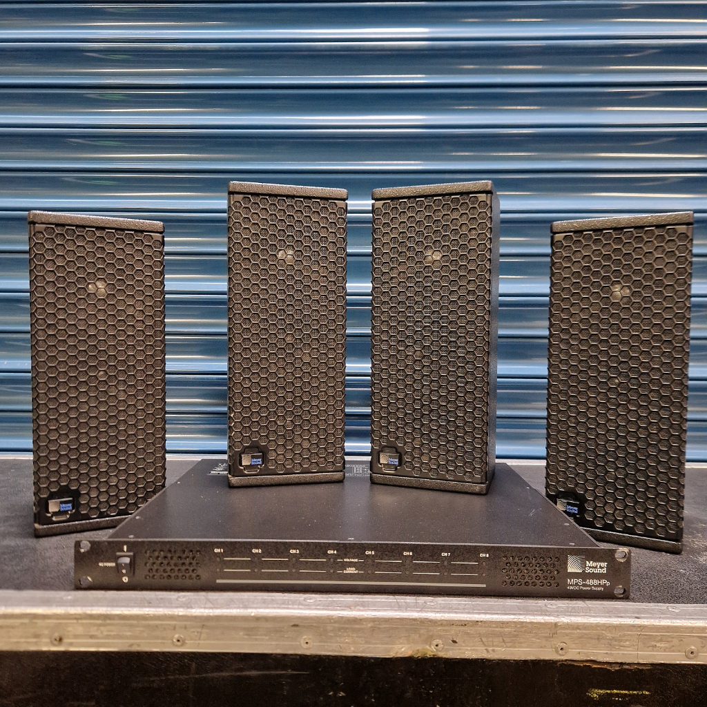 meyer-sound-4x-up4xp-mps488hp-package compact loudspeakers and rackmount power supply in a live install environment